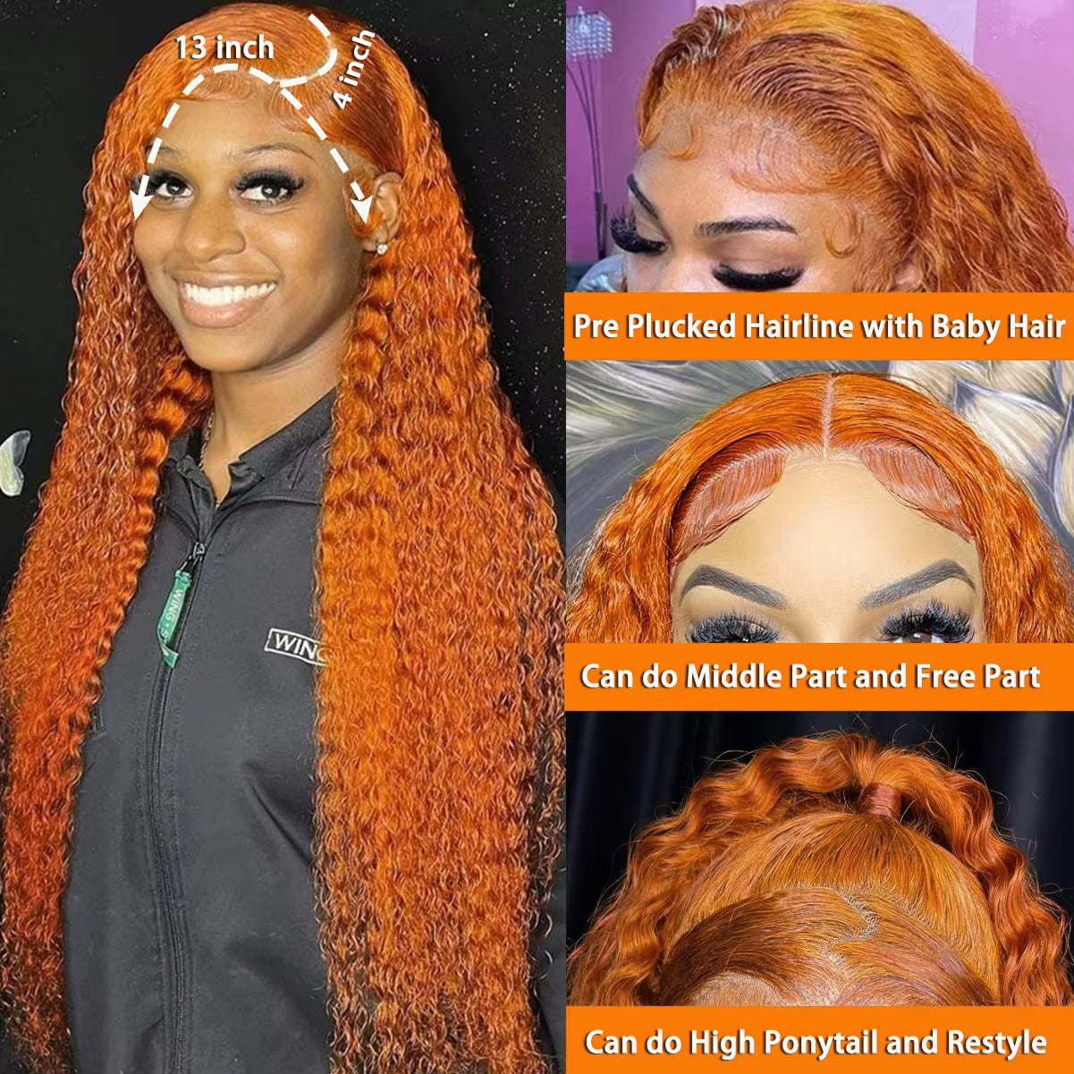 MIMICIA Vibrant Orange Ginger 18” Curly Lace Front Wig – 100% Human Hair Deep Wave with 13x4 HD Lace Frontal for Natural Hairline and Full Volume