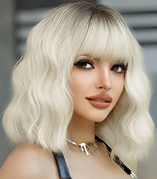 12" Curly Bob Wig with Bangs – Silver Grey, Blonde & Brown Color Options